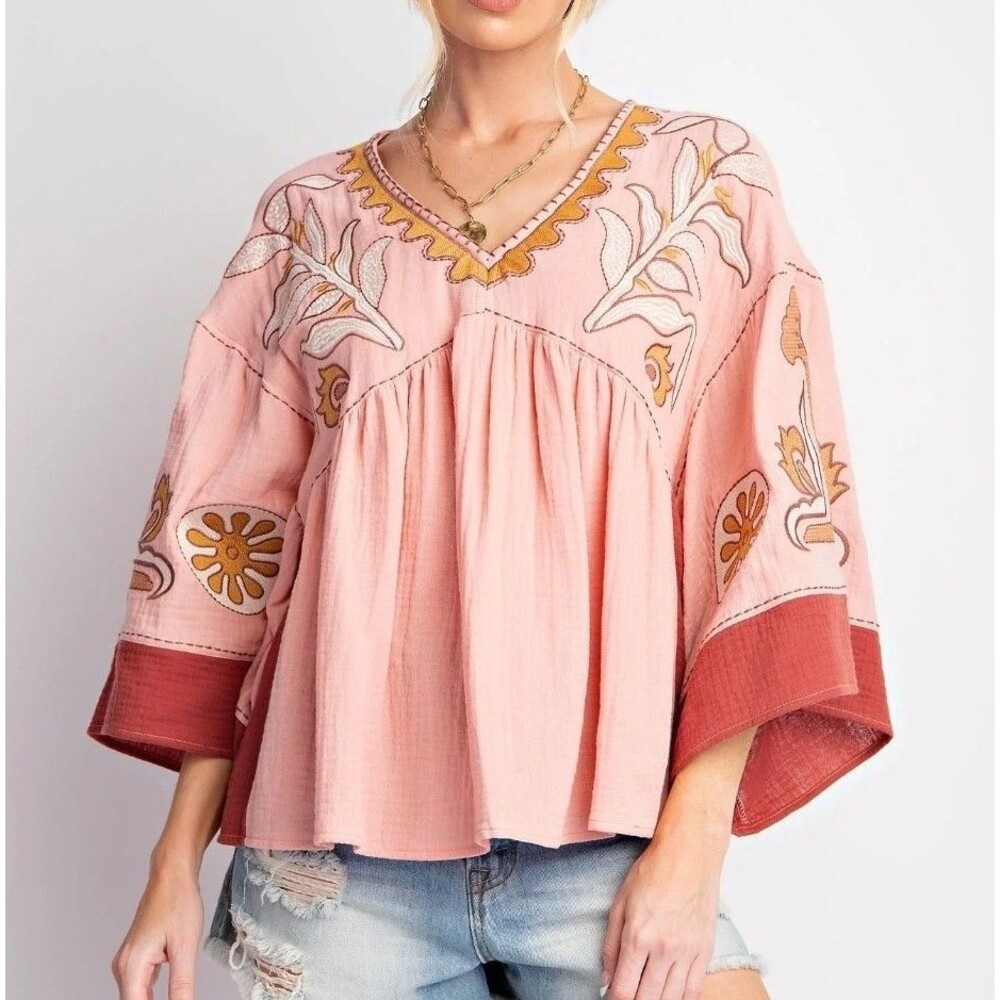 Easel Women's Babydoll Top Medium Rose Pink Embroidered Relaxed Fit Blouse Boho